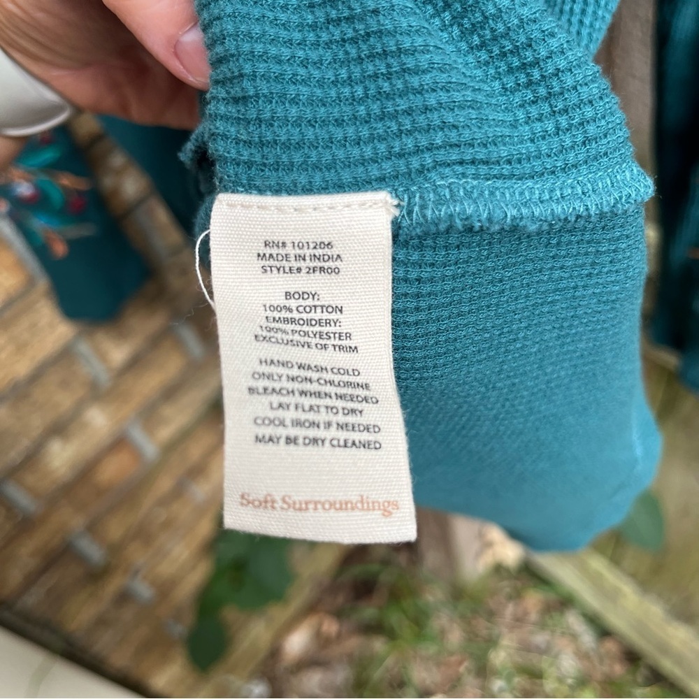 Soft Surroundings Teal Embroidered Floral Blouse - Picture 4 of 5